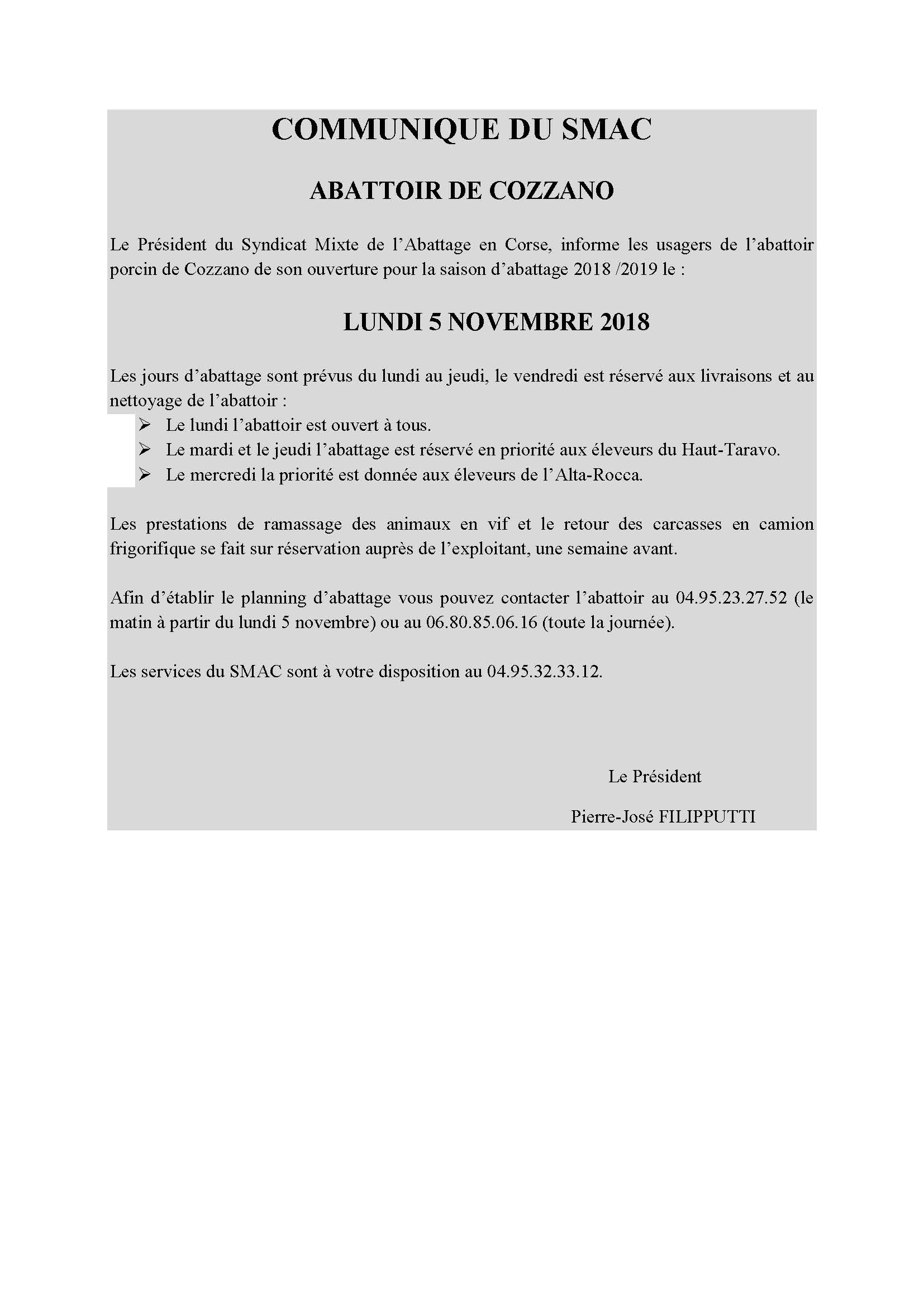 INFORMATION DU SMAC - Ouverture de l'abattoir de Cozzano