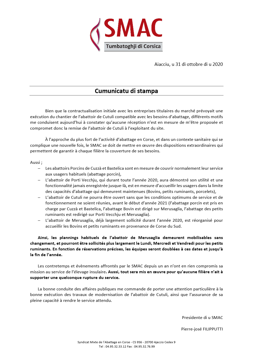 COMMUNIQUE DU PRESIDENT DU SMAC DU 31/10/2020