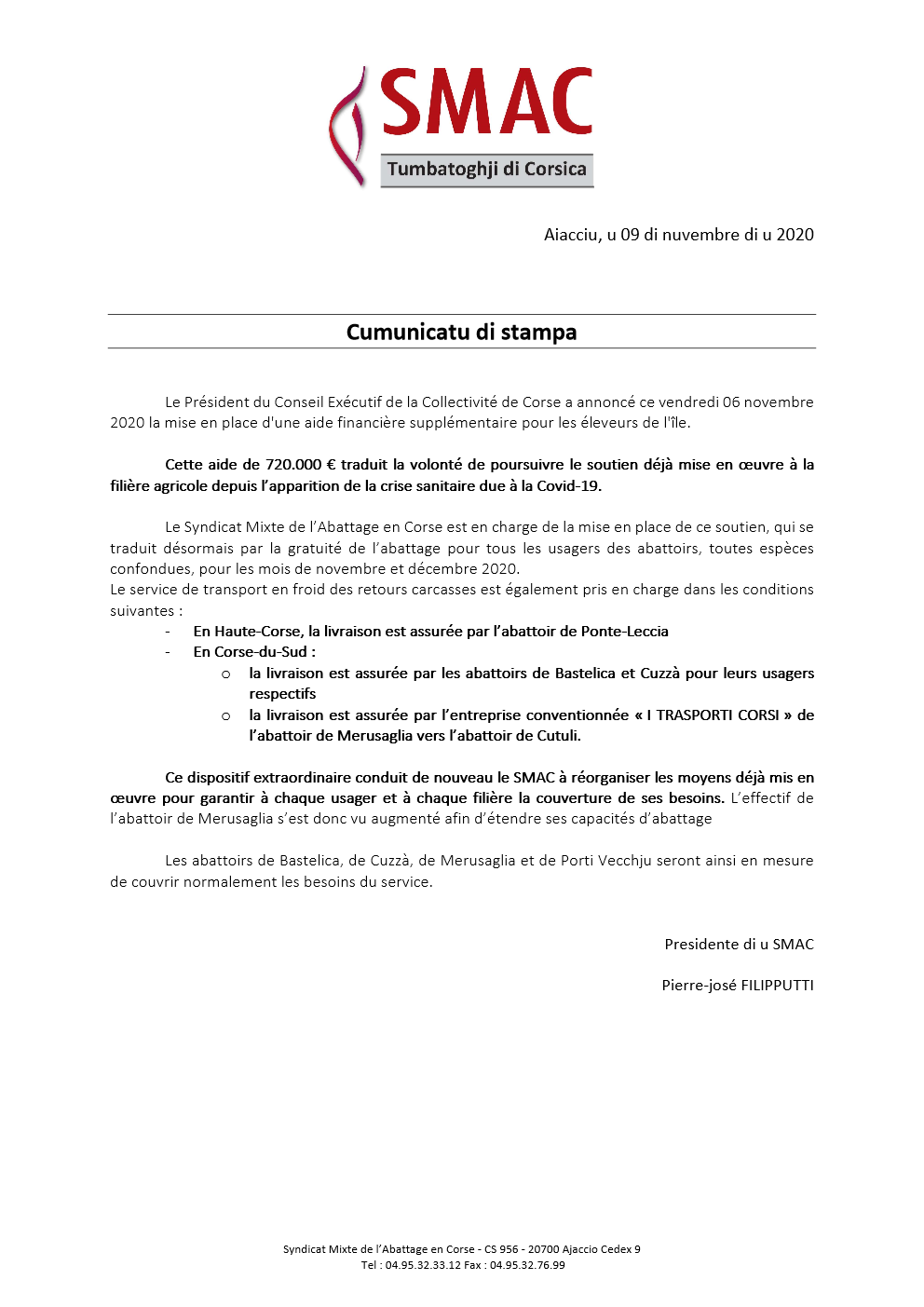 COMMUNIQUE DU PRESIDENT DU SMAC DU 09/11/2020