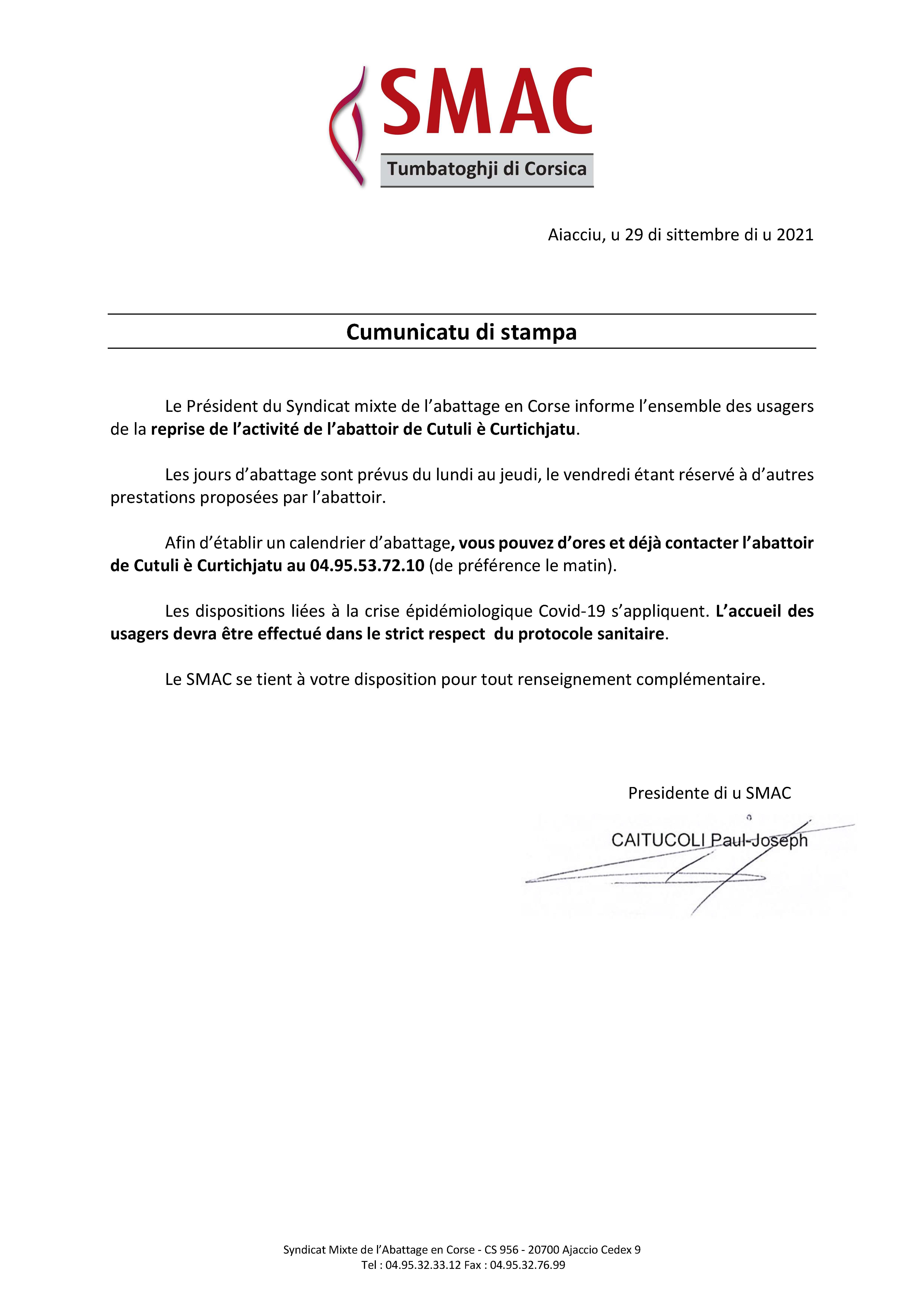 COMMUNIQUE DU PRESIDENT DU SMAC DU 29/09/2021