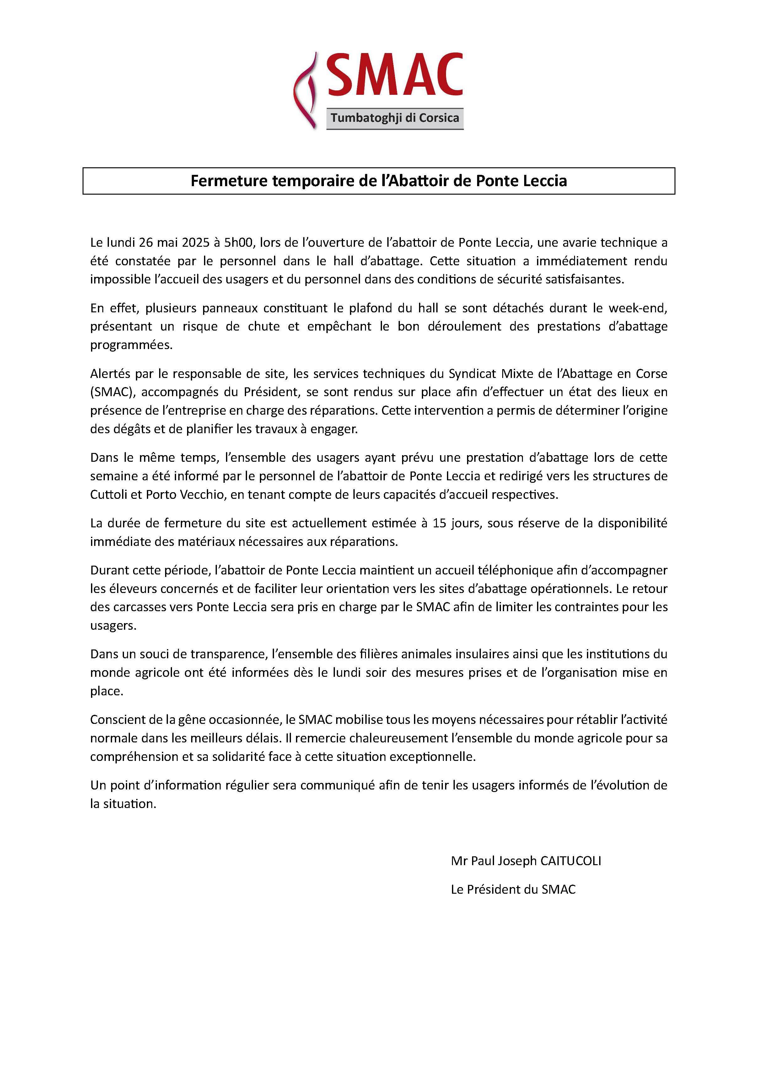FERMETURE DE L'ABATTOIR DE PONTE-LECCIA - MAI 2025