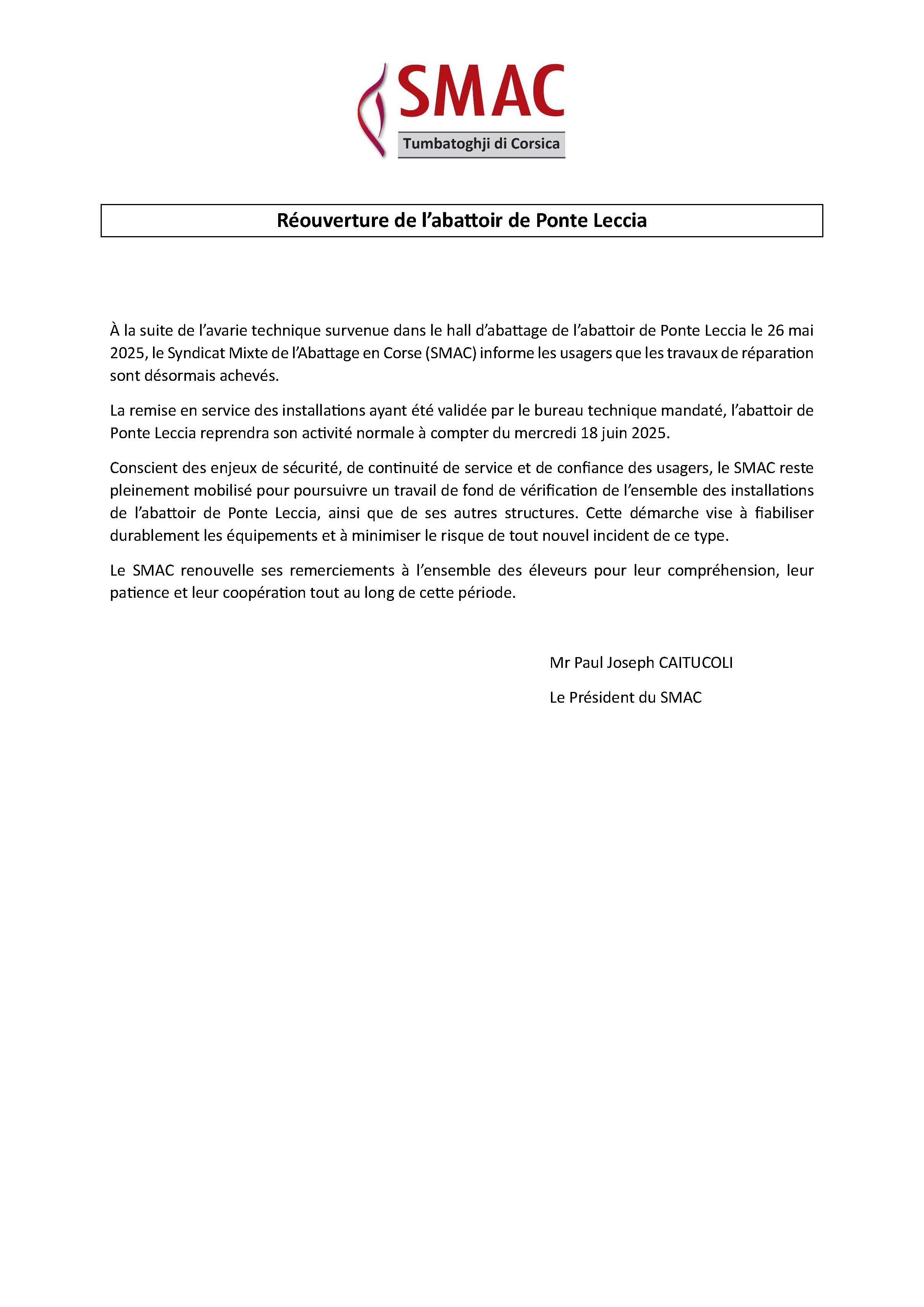 REOUVERTURE DE L'ABATTOIR DE PONTE-LECCIA - JUIN 2025
