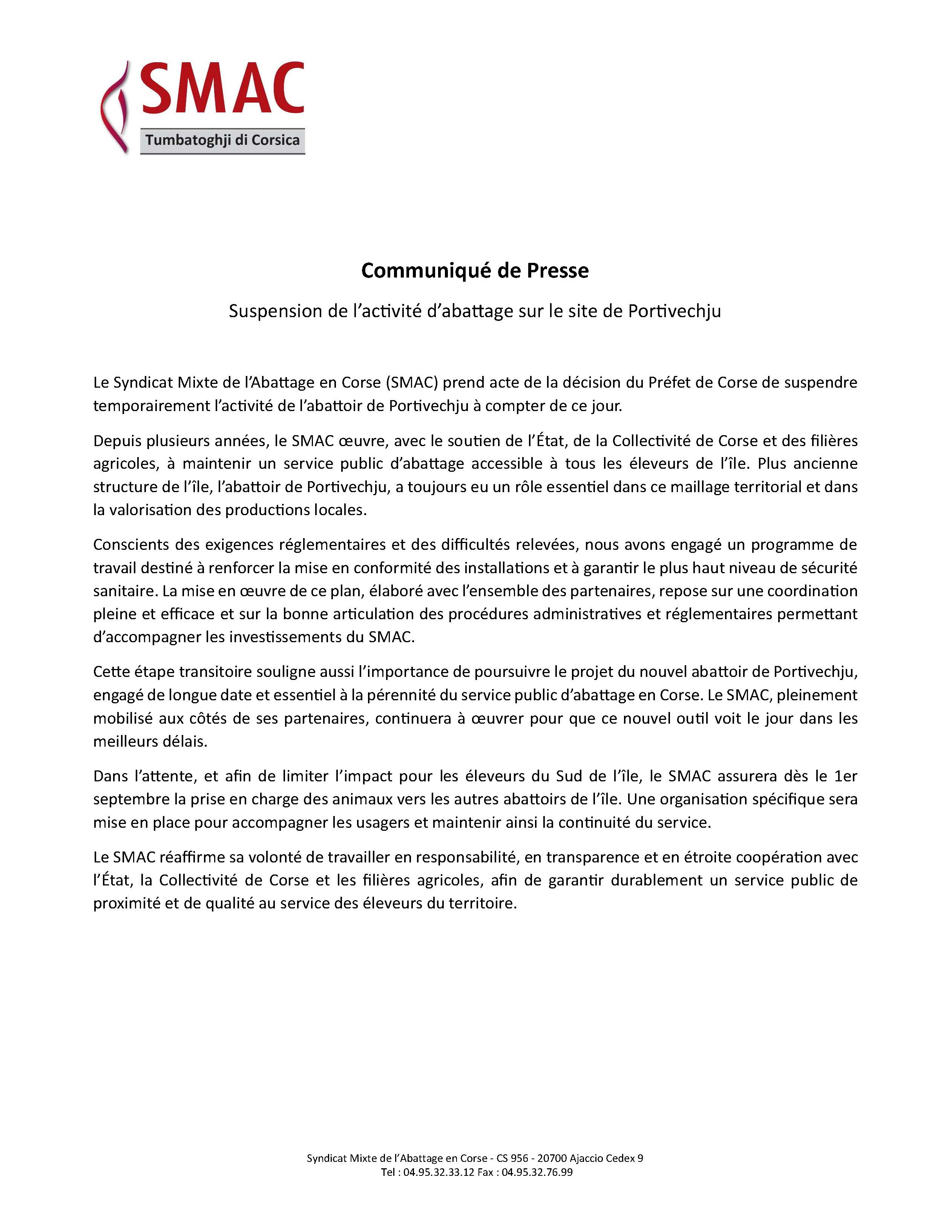 SMAC ABATTOIR DE PORTO-VECCHIO - COMMUNIQUE DE PRESSE