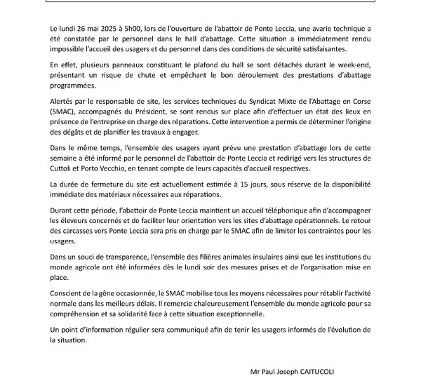 FERMETURE DE L'ABATTOIR DE PONTE-LECCIA - MAI 2025