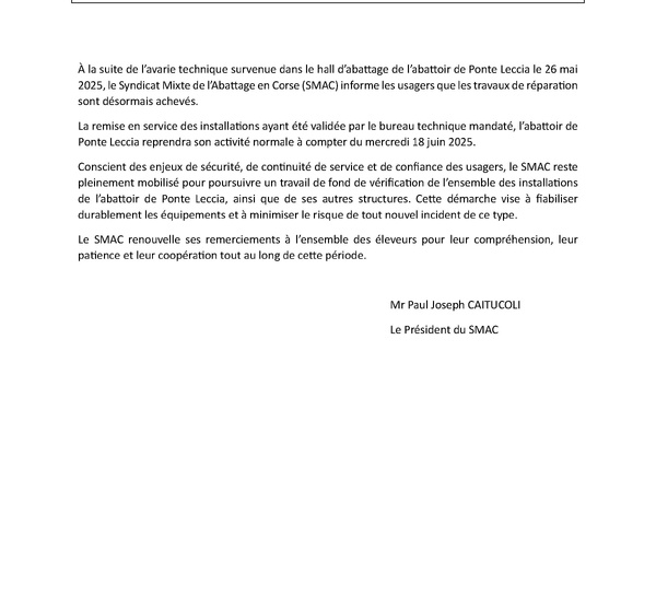 REOUVERTURE DE L'ABATTOIR DE PONTE-LECCIA - JUIN 2025